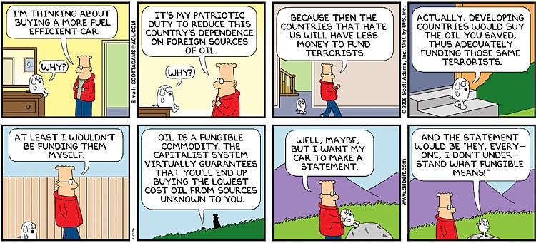 Dilbert with Dogbert comic strip about fungibility