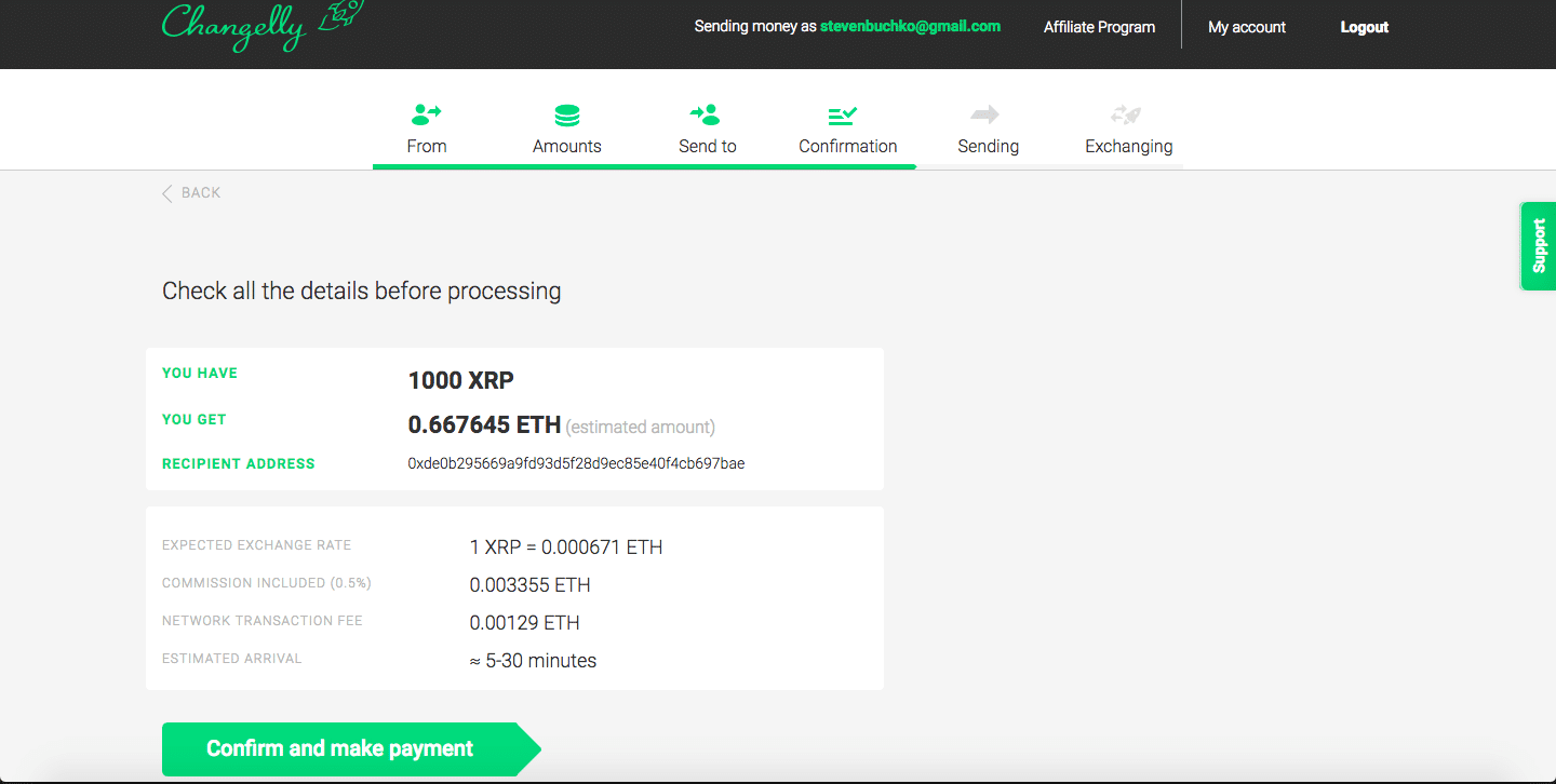 Changelly confirmation page