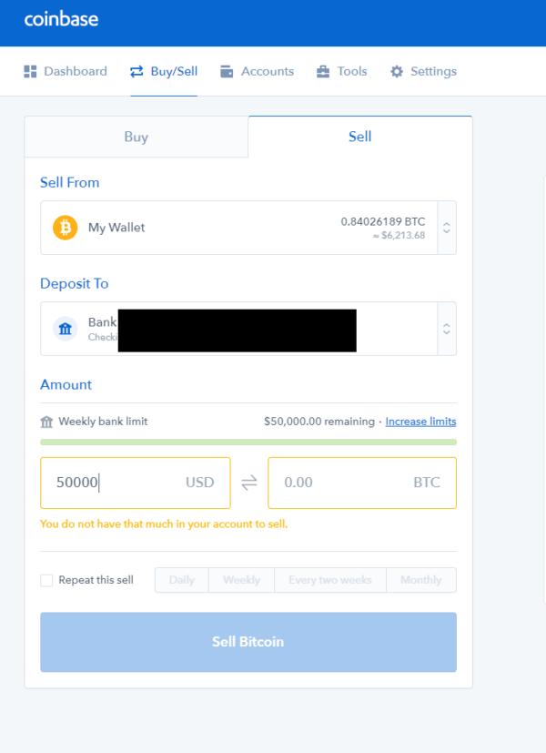 cashing out btc on coinbase