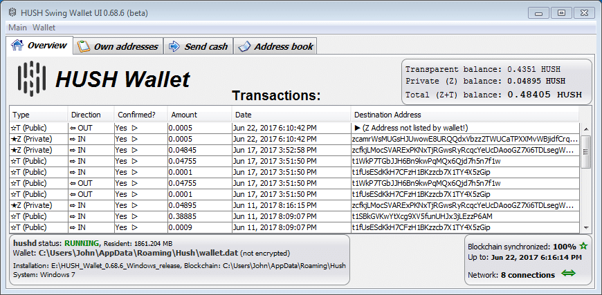 Hush Wallet Screenshot