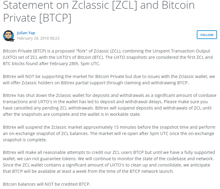 Bittrex Statement on ZCL and BTCP