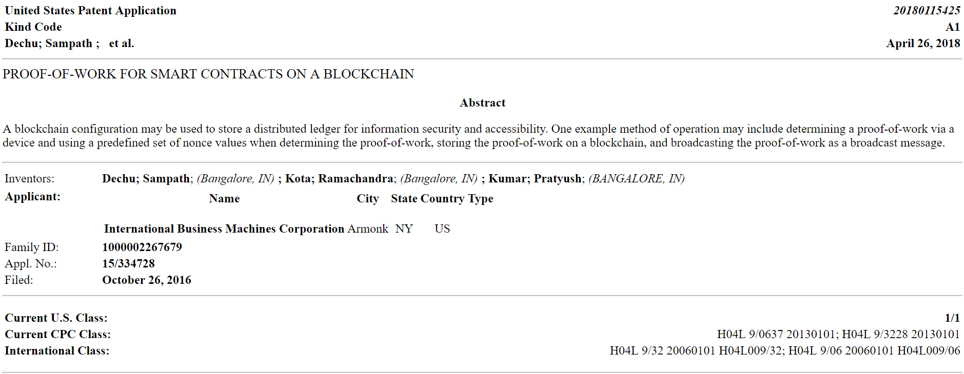 US Patent Application for blockchain