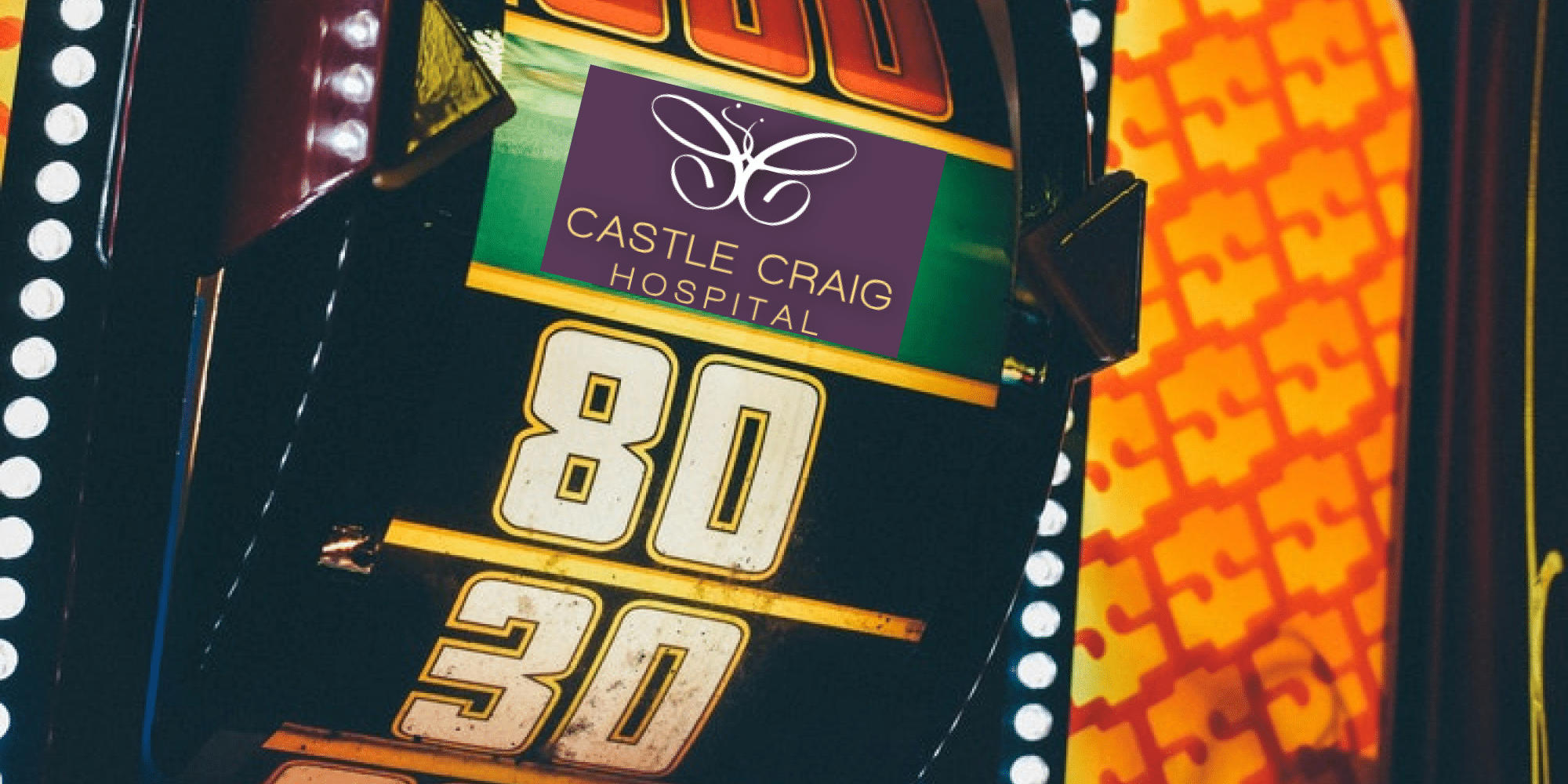 A casino machine with the Castle Craig Cryptocurrency Rehab Program logo.