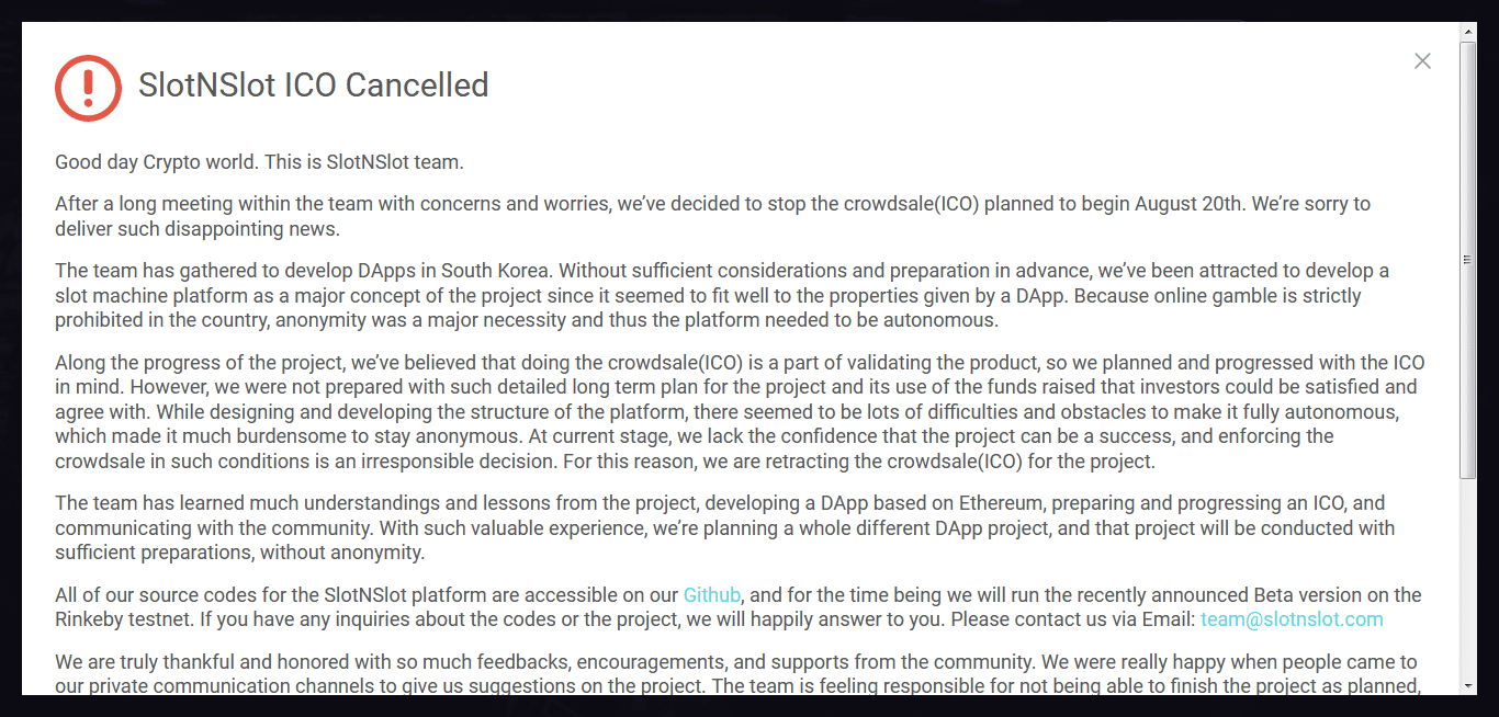 SlotNSlot ICO cancelled