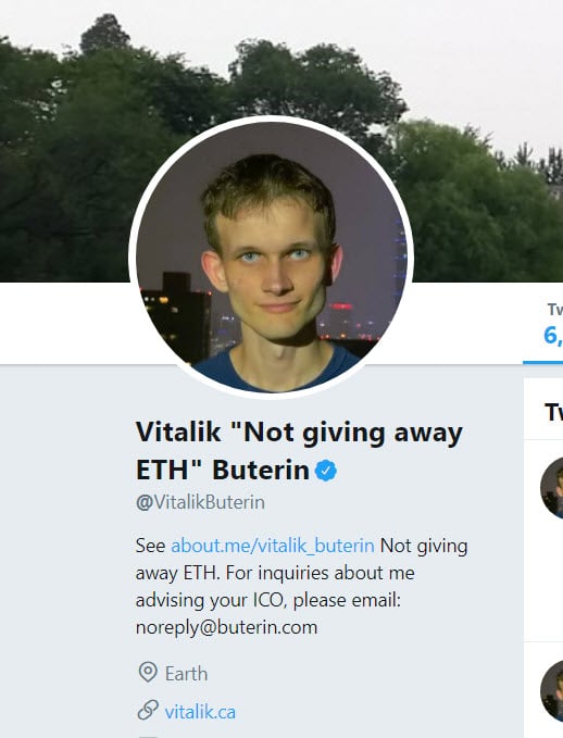 A screenshot of Vitalik Buterin's Twitter profile, stating that he is not giving way ETH.