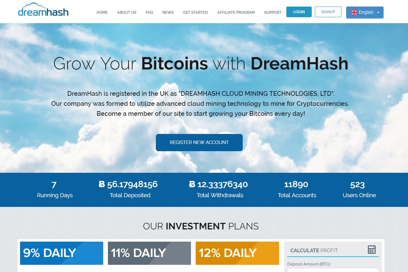 A screencap of the DreamHash website, a Cloud Mining Scam