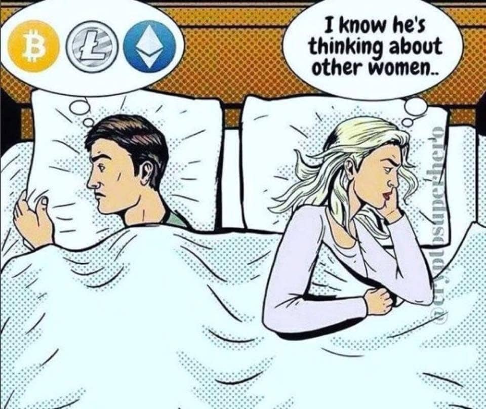 A comic of a couple in bed. The woman believes her husband is thinking about other women, but he is actually a cryptocurrency addict and is thinking about coins.