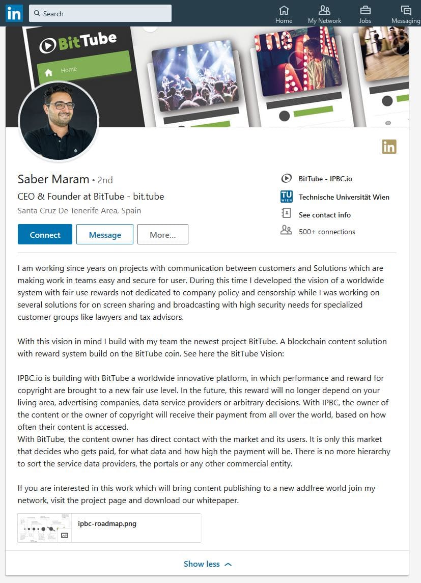 A screenshot of the LinkedIn profile of the CEO of BitTube, Saber Maram.