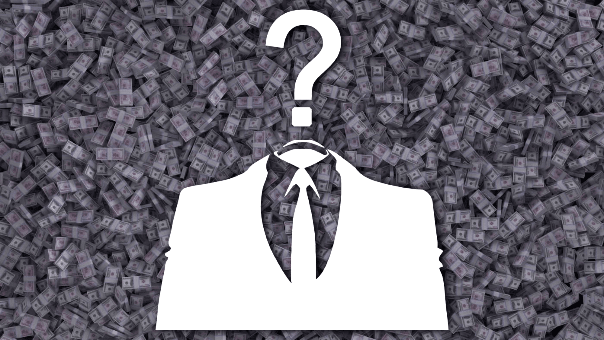Bitcoin's Volatility: Who is Satoshi. Image shows a suit and tie figure with a question mark for a head.