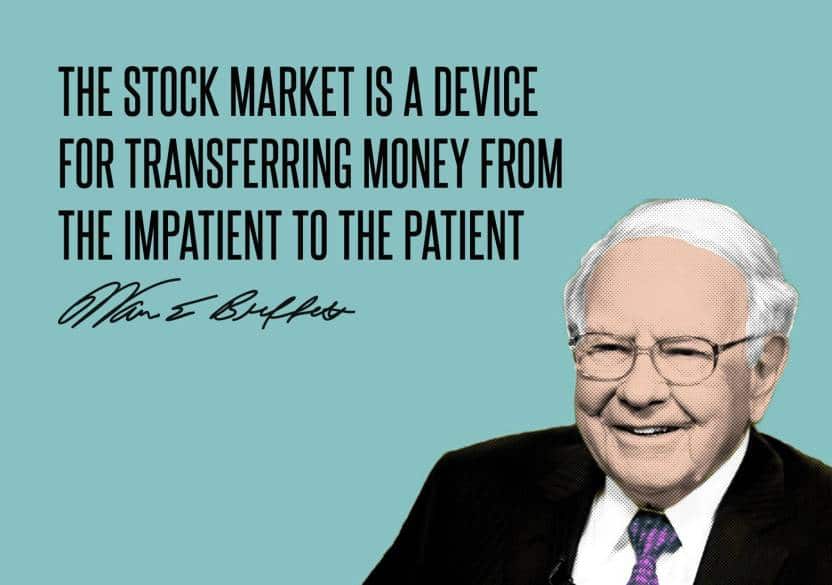 An image of Warren Buffet and his quote: "The stock market is a device for transferring money from the impatient to the patient."