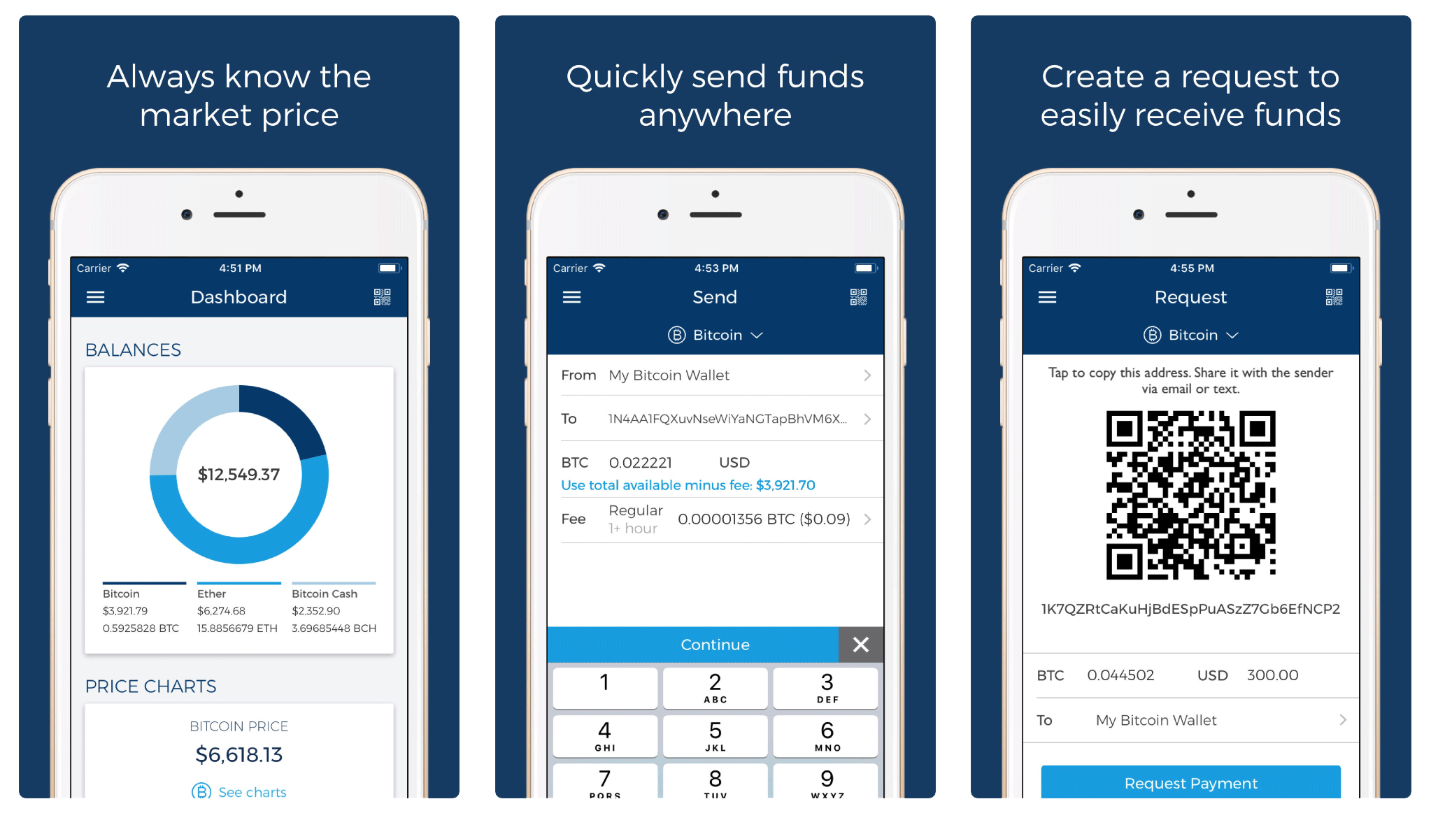 Cryptocurrency App Blockchain Wallet. The first image shows the price chart and balance for your digital assets. The second shows a transfer, and the third is a QR code for receiving funds.