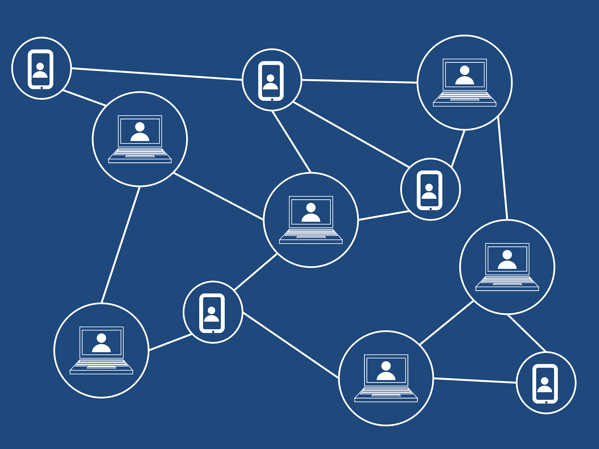 Blockchain marketplace representation: a graphic showing computers and phones connected by lines, symbolizing the directness of a blockchain approach.