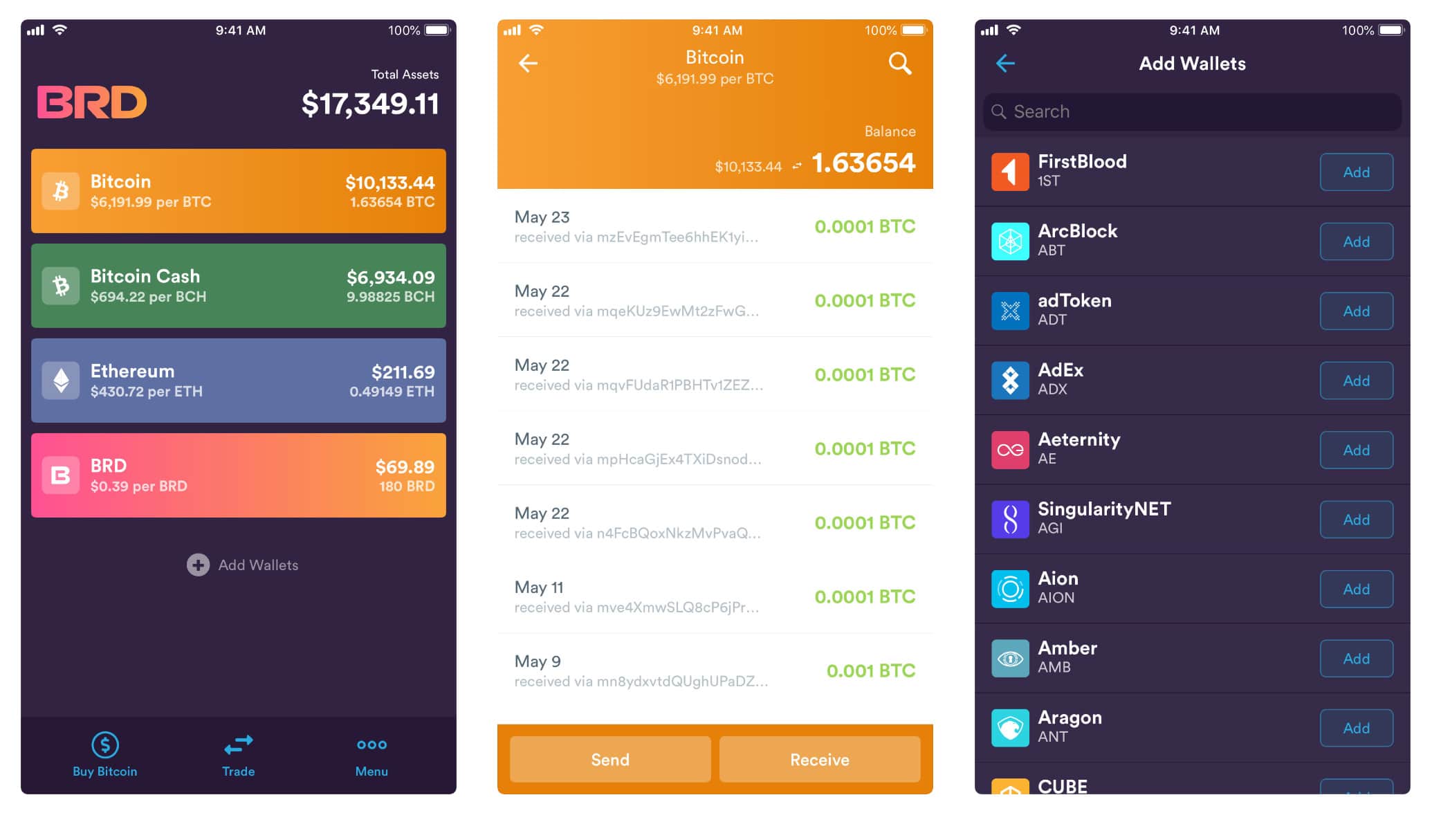 Cryptocurrency App, Bread Wallet. This personal wallet is showcased with three panels. The first shows your assets, the second shows your transaction history for Bitcoin, and the third lets you add wallets.