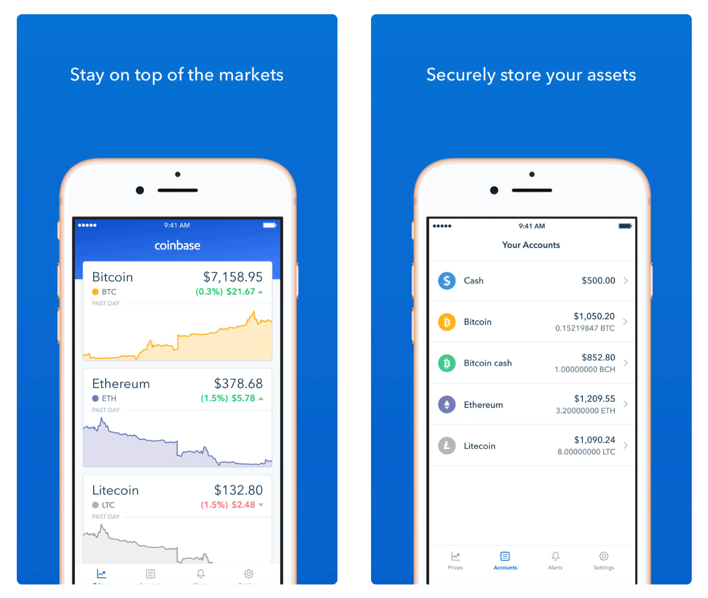 Cryptocurrency App Coinbase lets you stay on top of markets and secure your assets. This image shows Coinbase's market and asset screens.