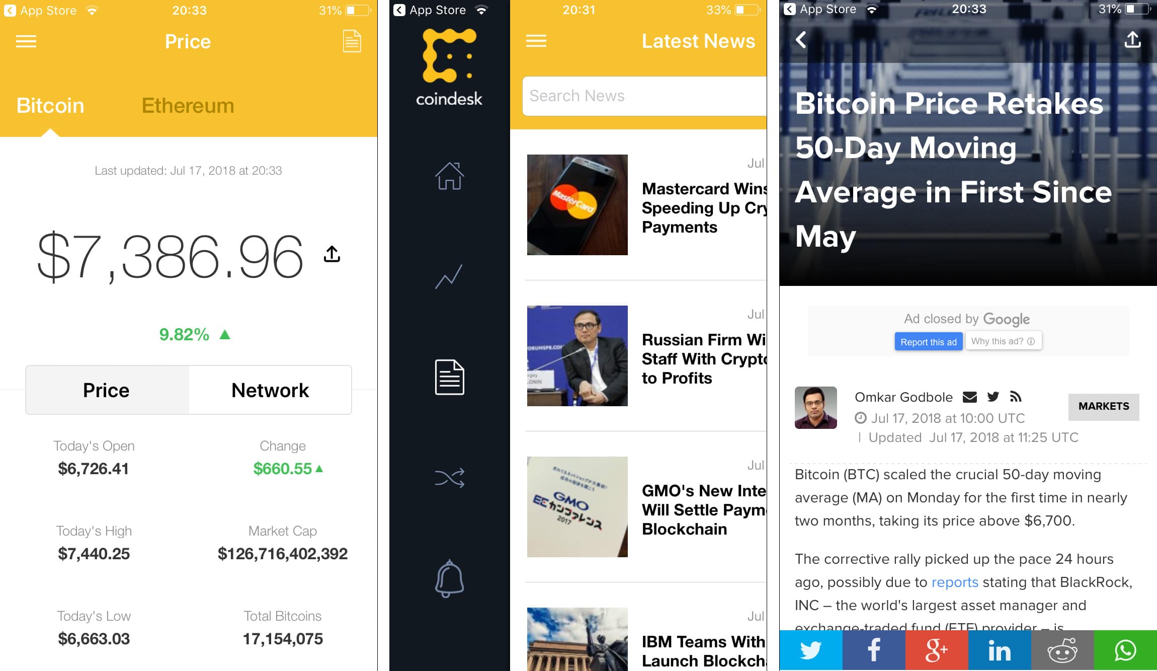 Cryptocurrency App, Coindesk, is a crypto news app. The first screenshot shows an Ethereum price change, the second shows the latest news, and the third shows a specific article.