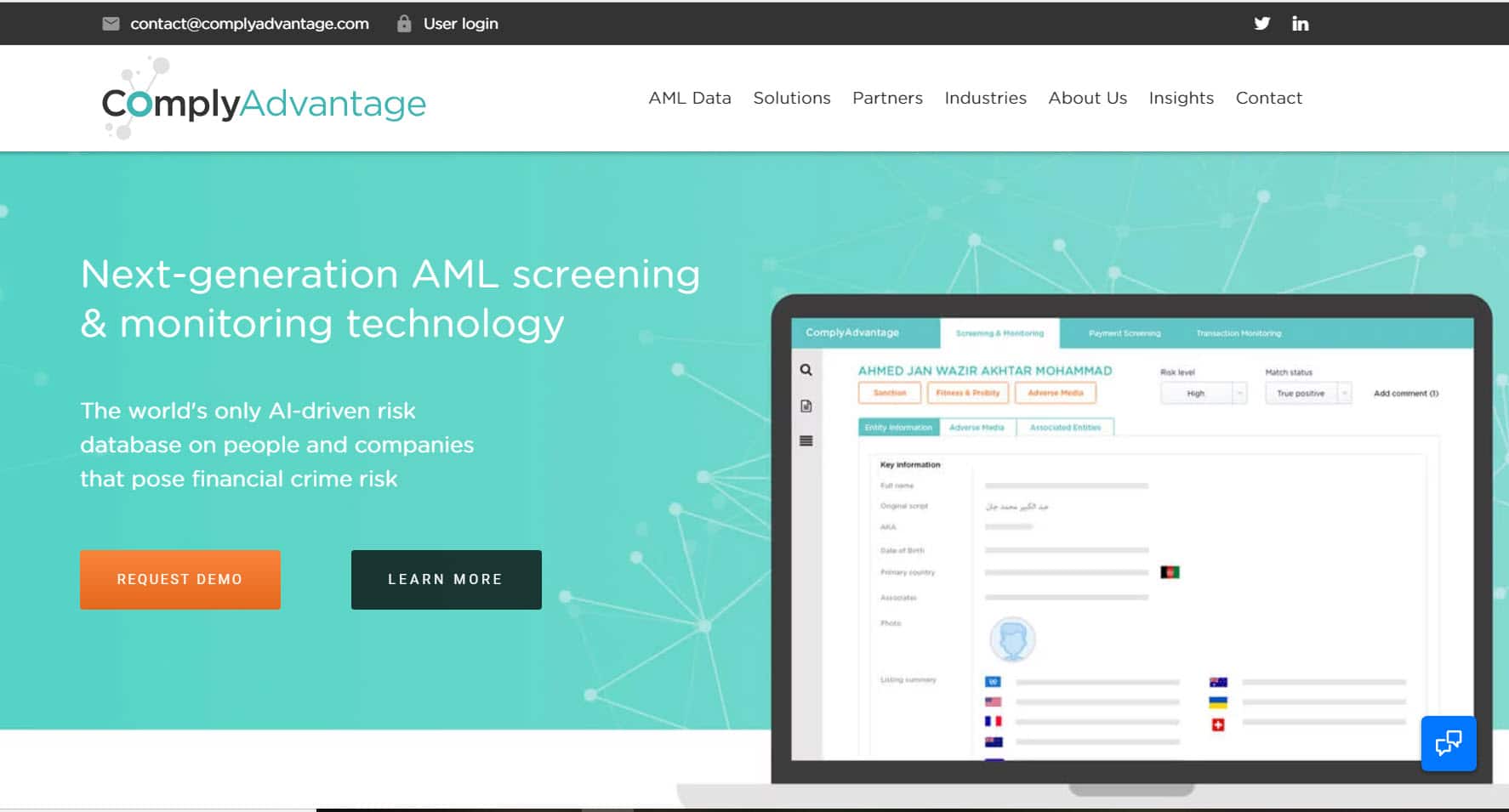 A screenshot of the home page for Comply Advantage, an AML screening and monitoring technology that uses AI to determine whether a user is a financial crime risk.