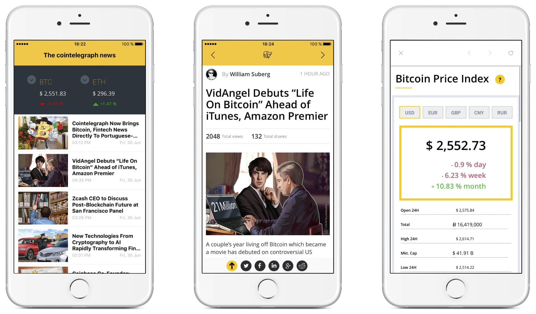 Three screencaps for the cryptocurrency app, CoinTelegraph. The first screen shows news, the second shows a specific news article, and the third shows the bitcoin price index.