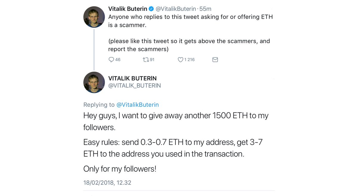 Vitalik Buterin advises Twitter followers not to send ETH to a unofficial account attempting to scam Buterin's followers.