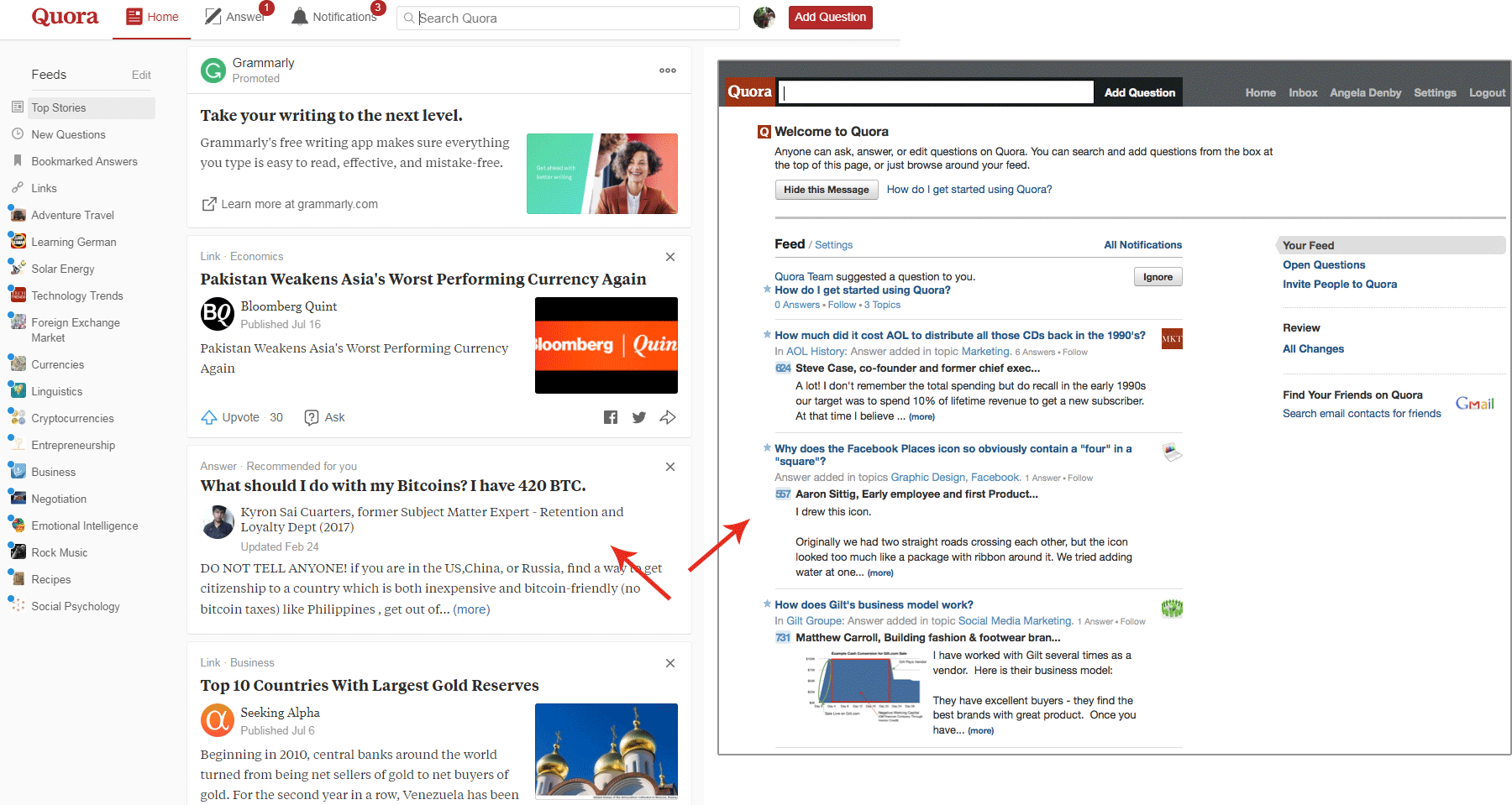 Side by side comparison of old and new Quora