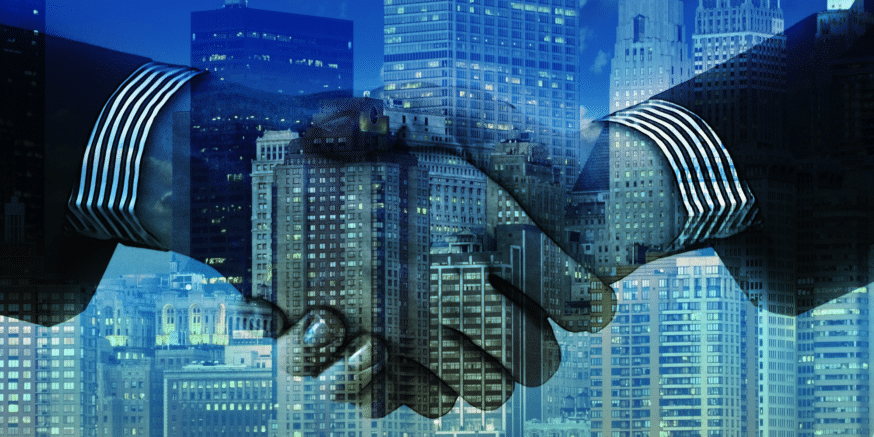 Ricardian smart contracts: An image of a handshake overlayed with a blue city background.