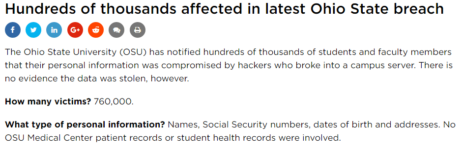 Ohio State Data Breach Headline via SC Media