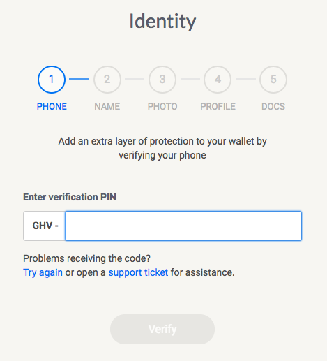 Gatehub verification code screen