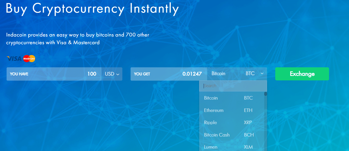photo of the Indacoin website homepage
