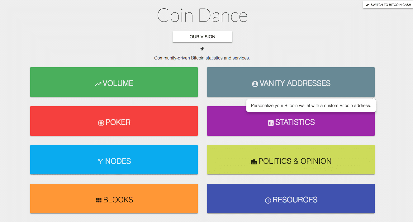 A wide selection of statistics and services on the Coin Dance portal