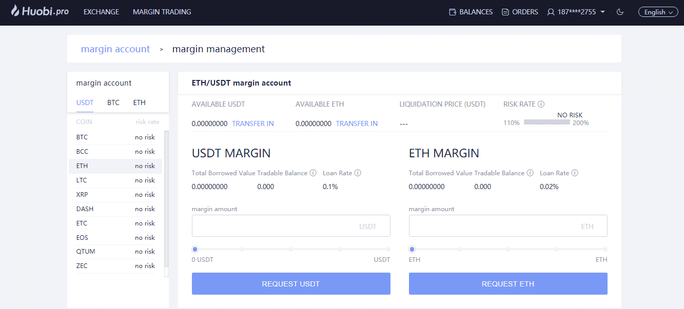 Screenshot of margin trading on Huobi