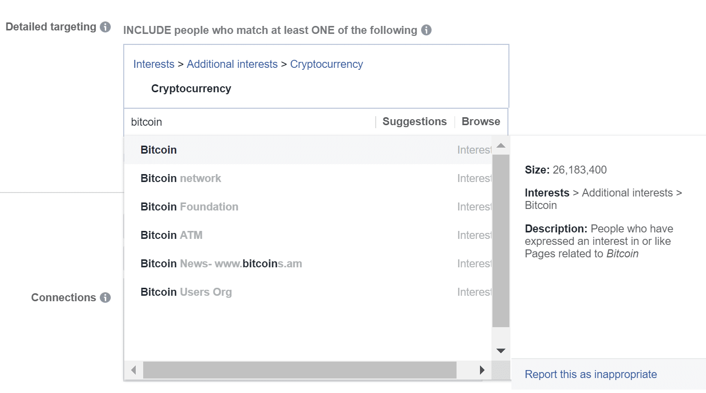 Blockchain ads on Facebook: A screenshot of audience targeting crypto options.