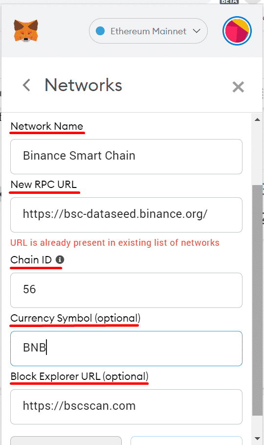 Binance Smart information to fill out in wallet