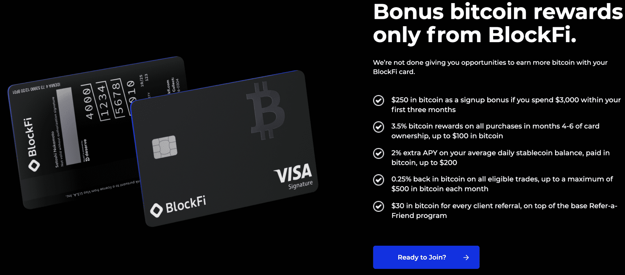 Perks from BlockFi's charge card landing page