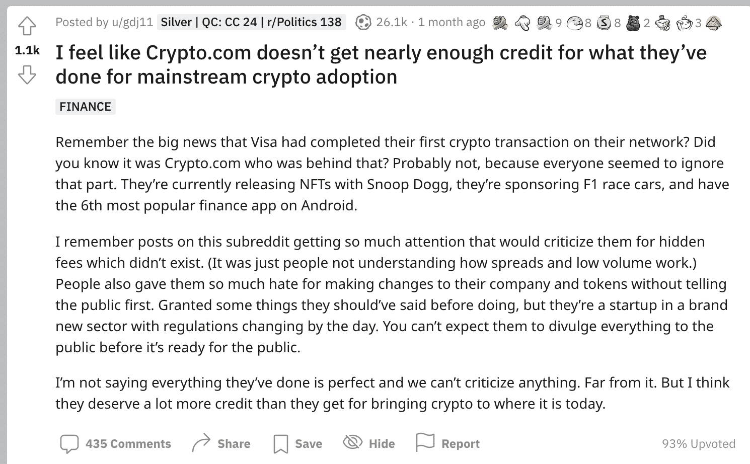 Reddit post discussing crypto.com's platform.