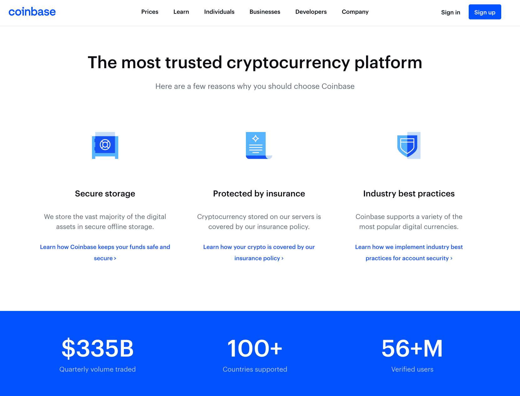 A screenshot of Coinbase's homepage.