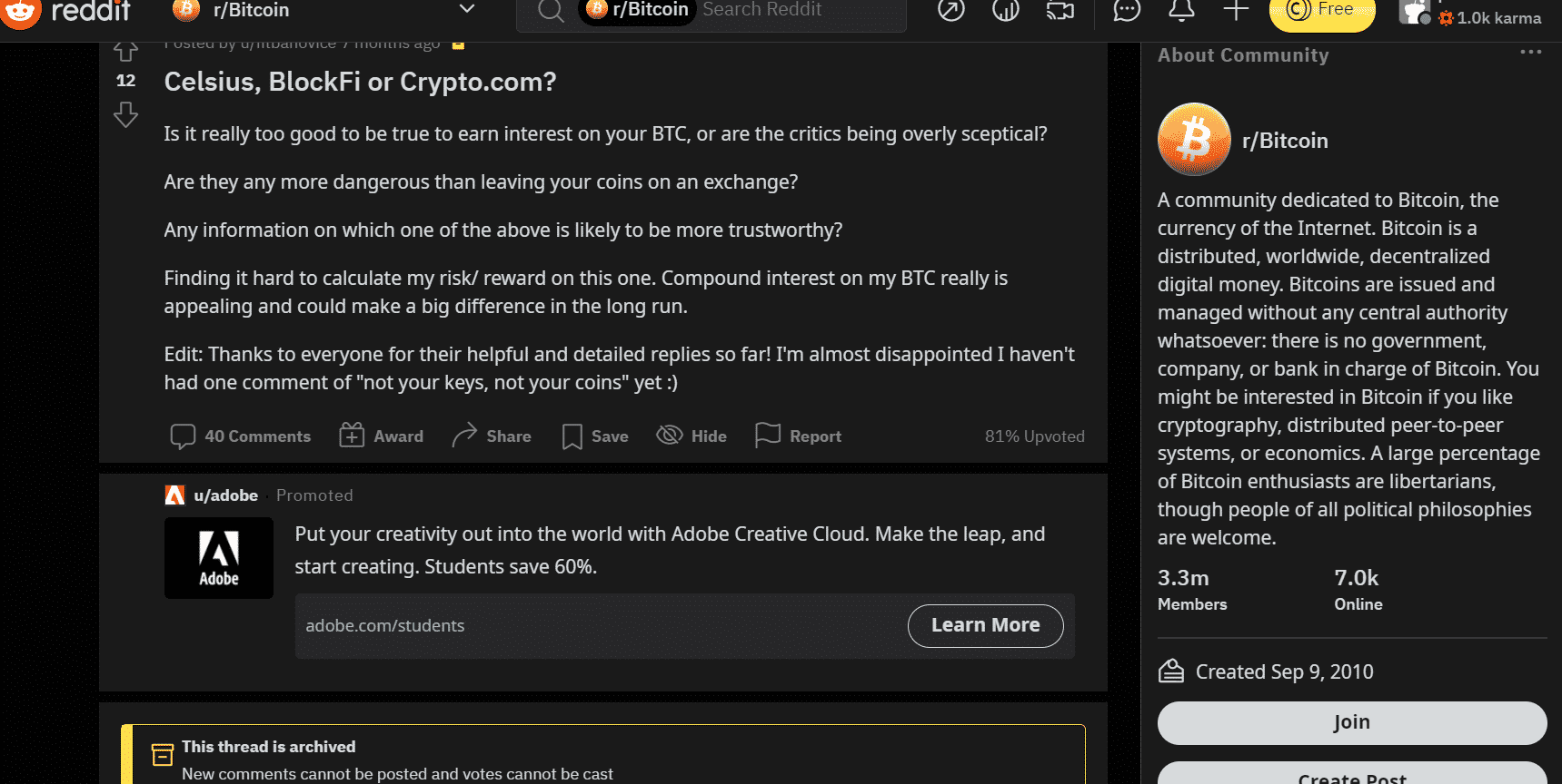 A discussion about BlockFi and Crypto.com on Reddit