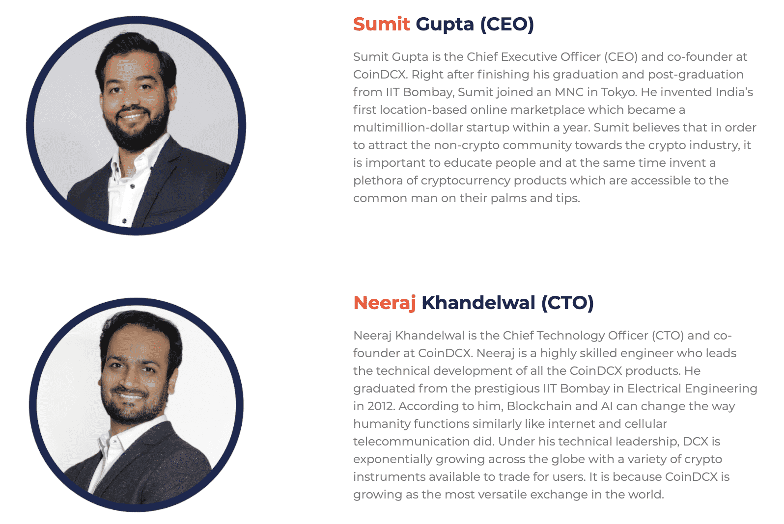 The site bios for CoinDCX Founders Sumit Gupta and Neeraj Khandelwal, courtesy CoinDCX