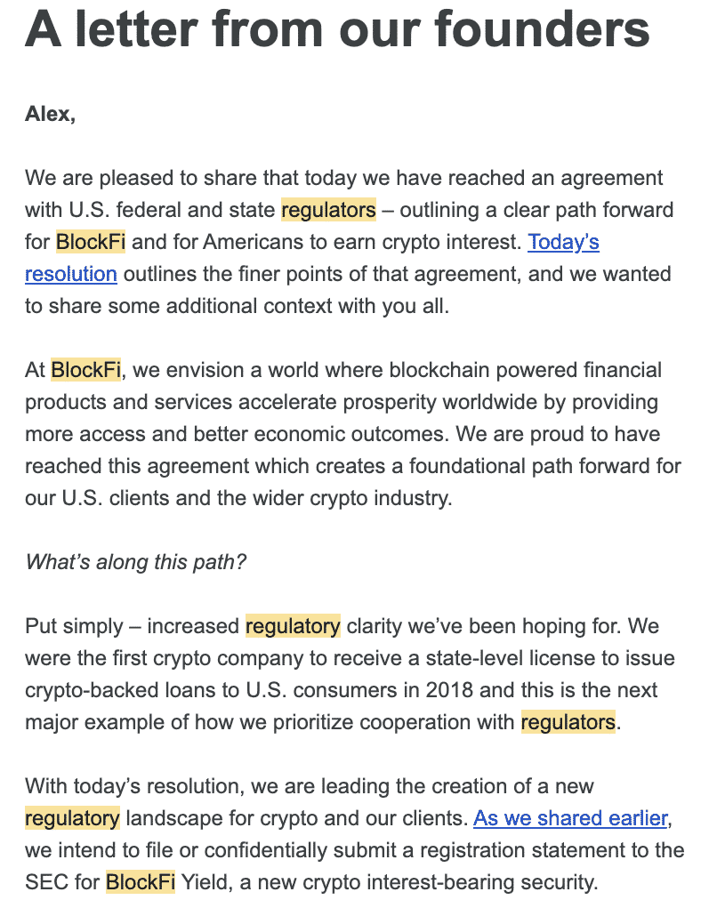 BlockFi's letter to customers after the news of the SEC decision. (part 1)