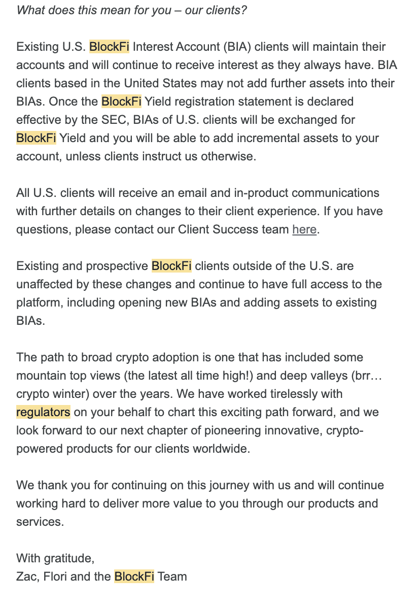 BlockFi's letter to customers after the news of the SEC decision.